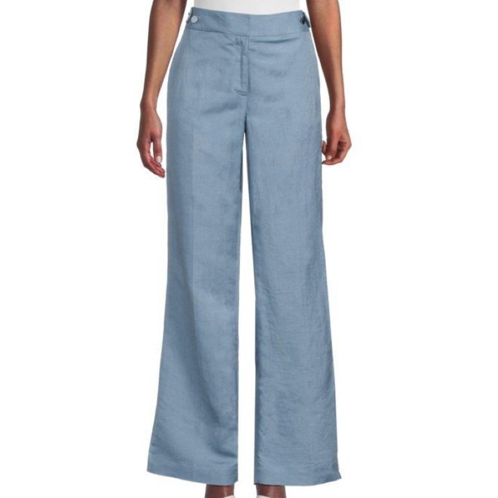 Karl Lagerfeld Paris Mid Rise Wide Leg Linen Blend Blue Pants Womens Size 4 READ